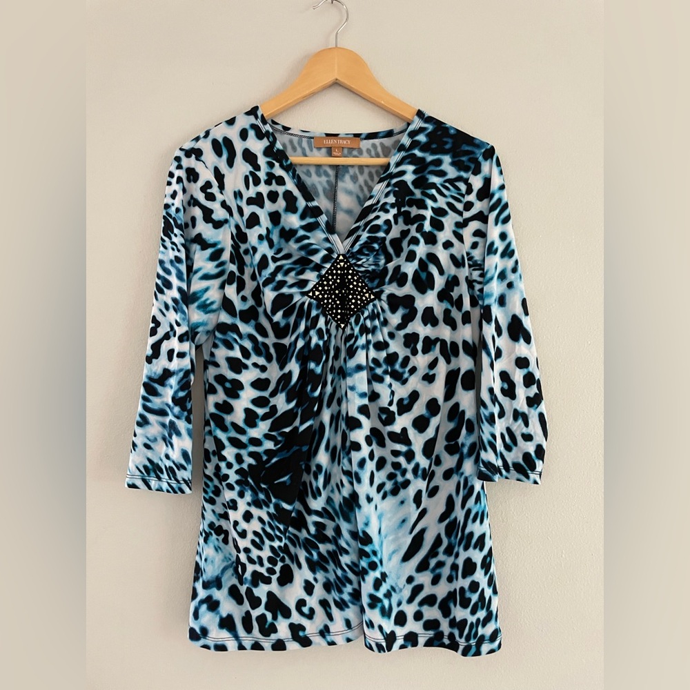Ellen Tracy Blue and Black Animal Print Blouse